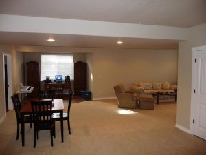 This is the great room of a finished basement.
