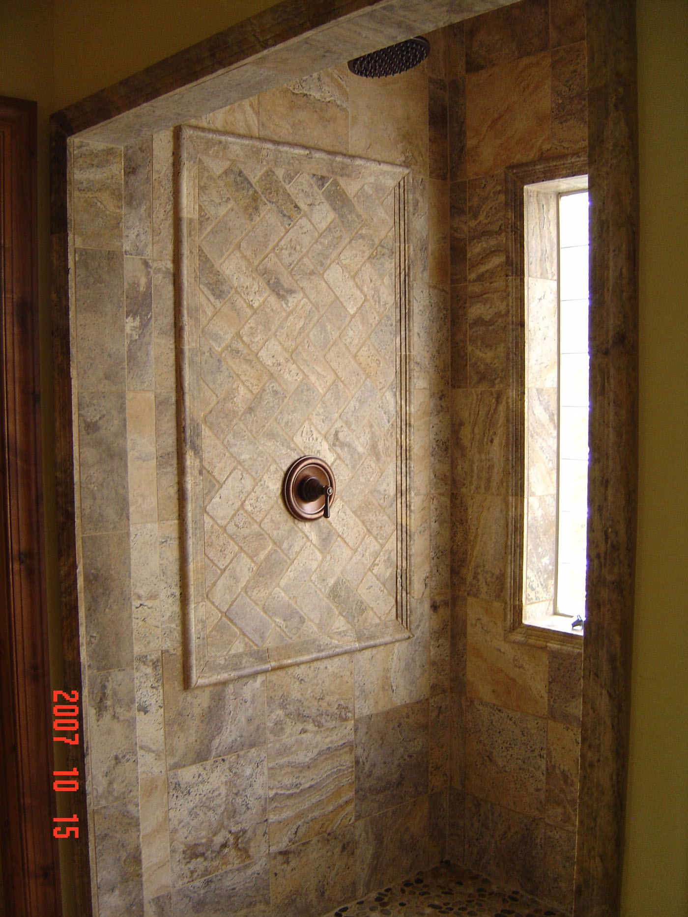 custom tile shower stall with glass block window