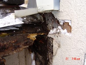 This shows a close-up of exposed water damage on the exterior of a house.
