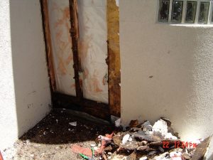 This is an exterior wall with exposed water damage.