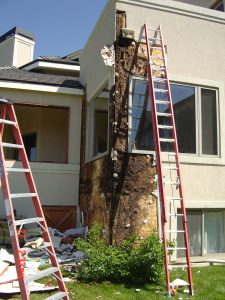 Shown here is an exterior wall with water damage being repaired.