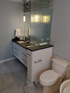 Shown here is the sink area in a full bathroom remodel.